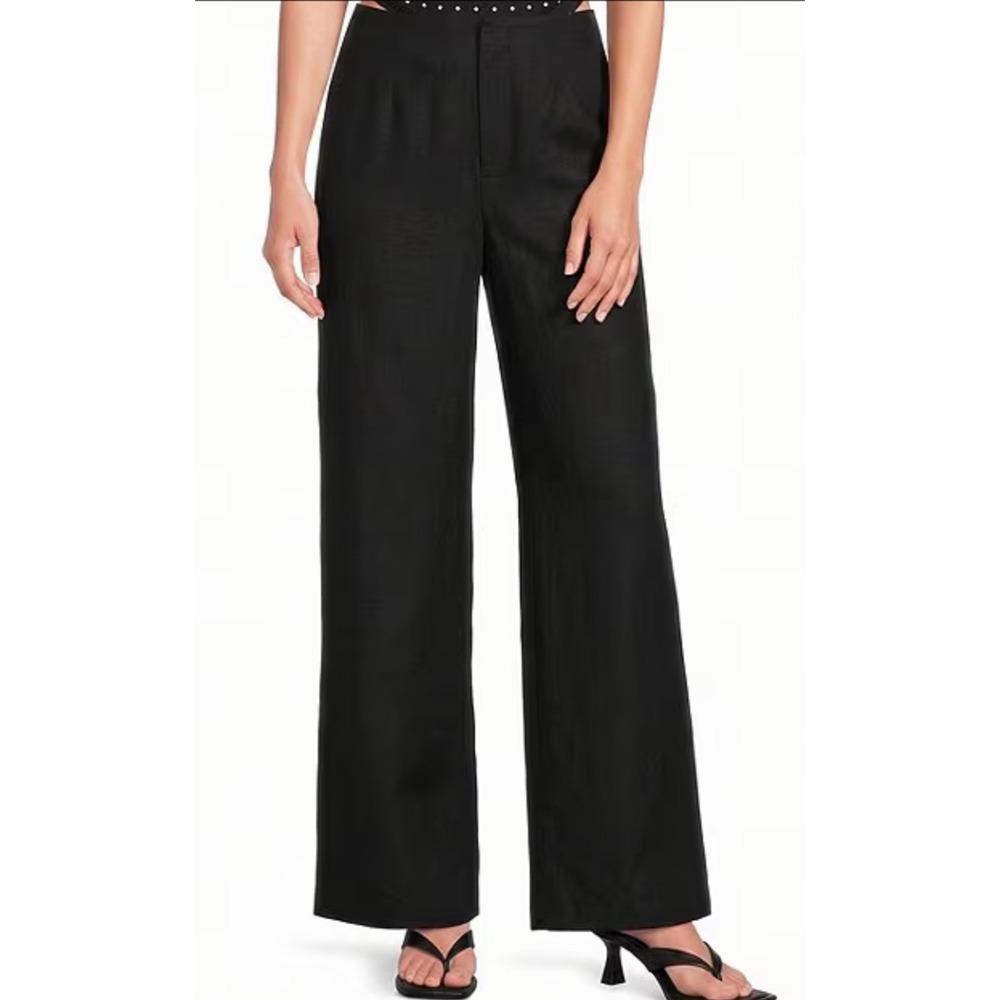 Gianni Bini Womens Linen Pants Size 12 Black Wide Leg Pockets Lagenlook Coastal